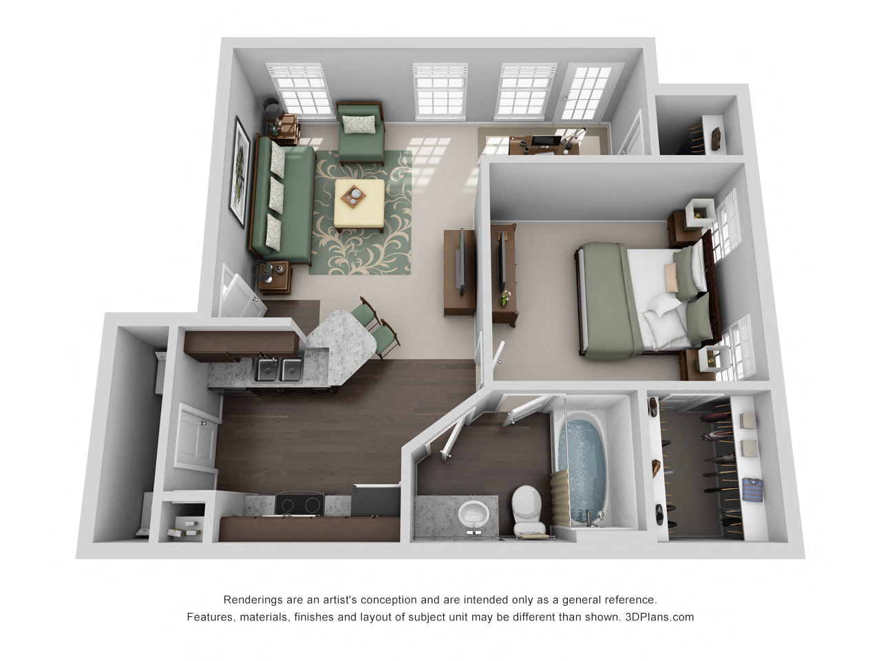 Floor plan for 1 bed, 1 bath, 661 sqft